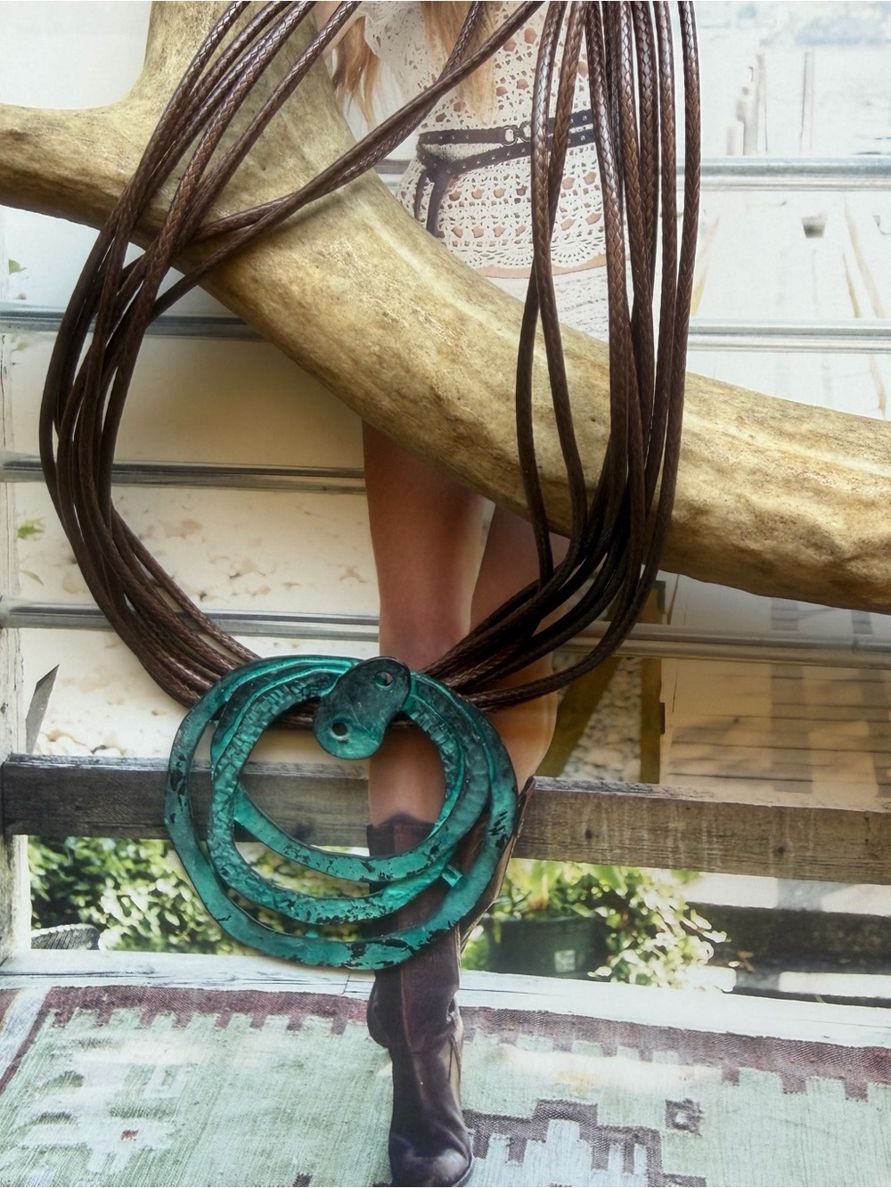Boho Multi-Strand Cord Necklace
Turquoise Patina Circle Pendant